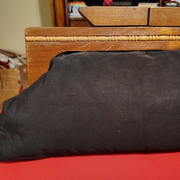 Vtg Black Soft Pouch Wooden Big Clutch Bag - Picture 5 of 10